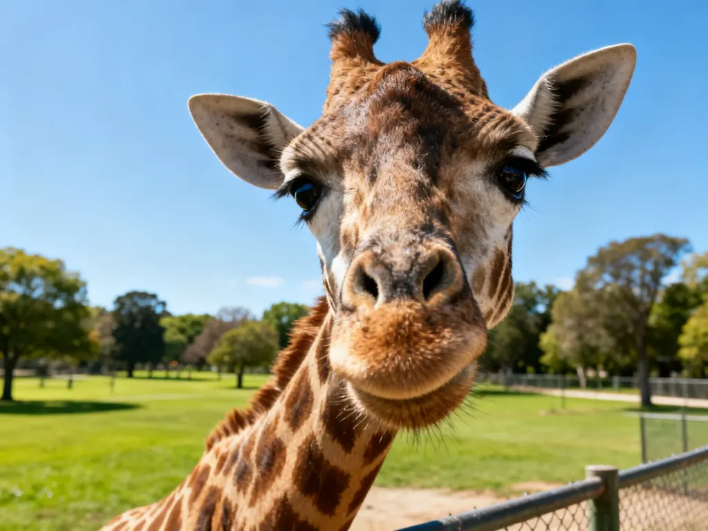 Żyrafa z bliska w słonecznym wybiegu krakowskiego ogrodu zoologicznego.