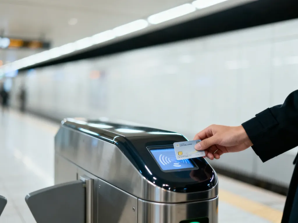 Dłoń zbliżająca kartę miejską do nowoczesnego kasownika w warszawskim metrze.