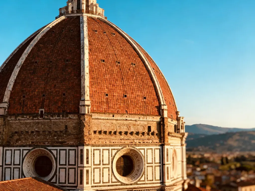 Majestatyczna, czerwona kopuła katedry Santa Maria del Fiore we Florencji na tle błękitnego nieba.