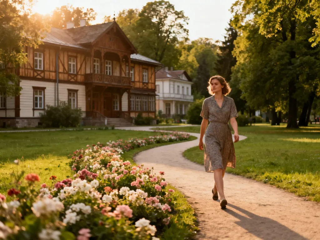 Kobieta spacerująca alejką w zabytkowym Parku Zdrojowym w Nałęczowie w otoczeniu XIX-wiecznych willi i zieleni.