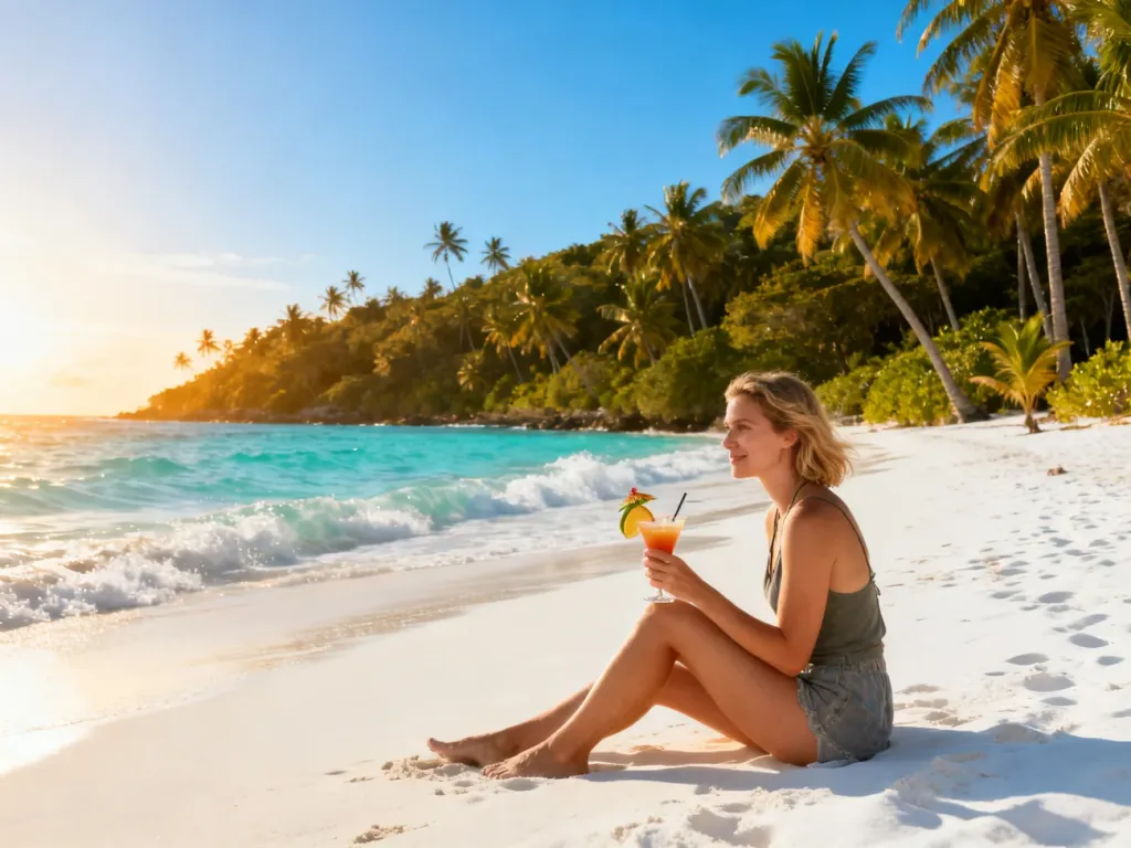 Kobieta relaksująca się z drinkiem na piaszczystej plaży z widokiem na turkusowy ocean i palmy na Dominikanie.