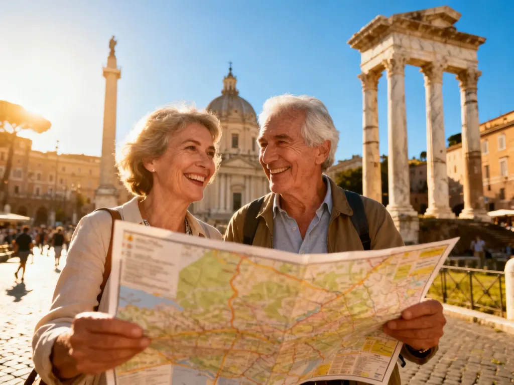 Uśmiechnięta para seniorów z mapą w ręku spaceruje po słonecznym rzymskim placu w otoczeniu antycznych ruin.