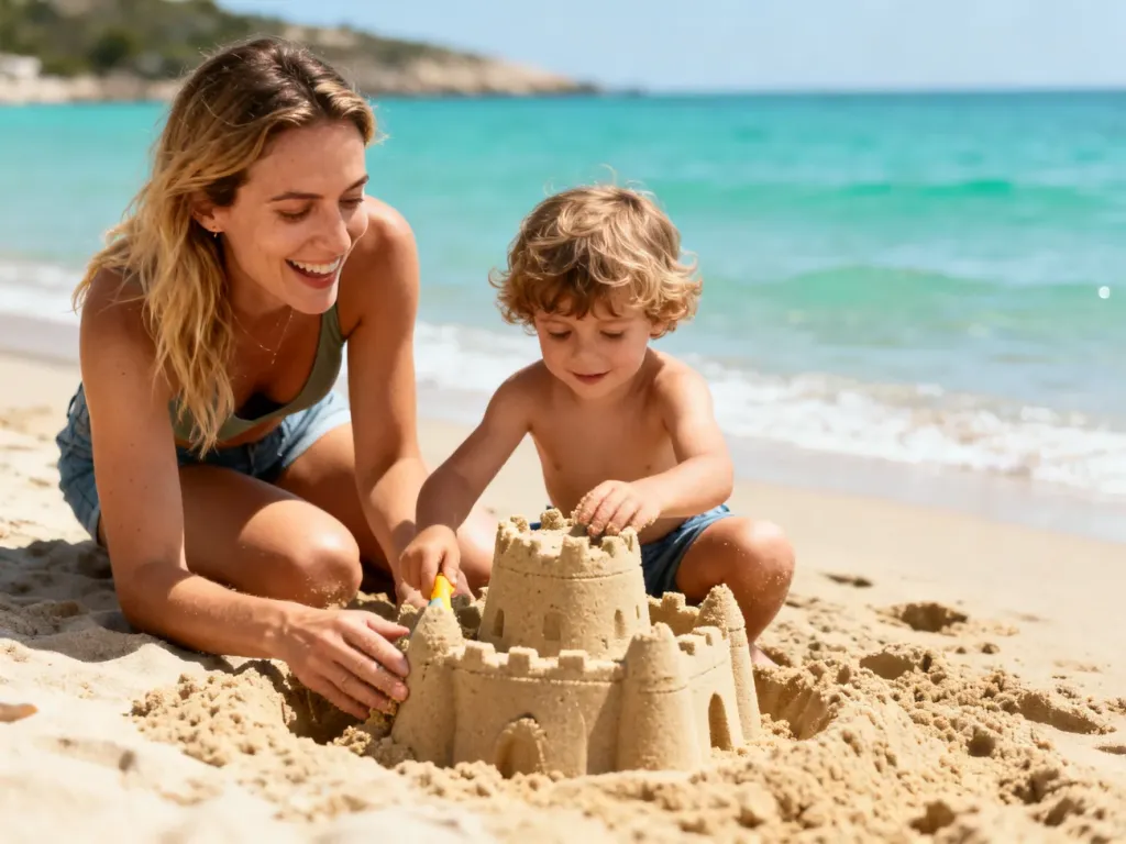 Szczęśliwa mama z dzieckiem budują zamek z piasku na słonecznej plaży, ciesząc się wspólnym wypoczynkiem nad morzem.