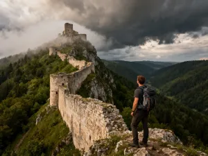 Kobieta siedząca na białym piasku rajskiej plaży na Mauritiusie z widokiem na turkusowy ocean i góry w tle.