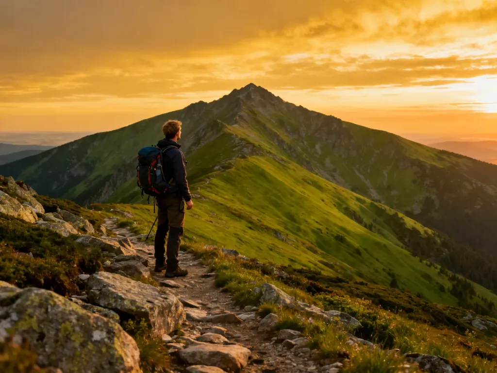 Turysta w stroju trekkingowym podziwia panoramę Karkonoszy podczas zachodu słońca.