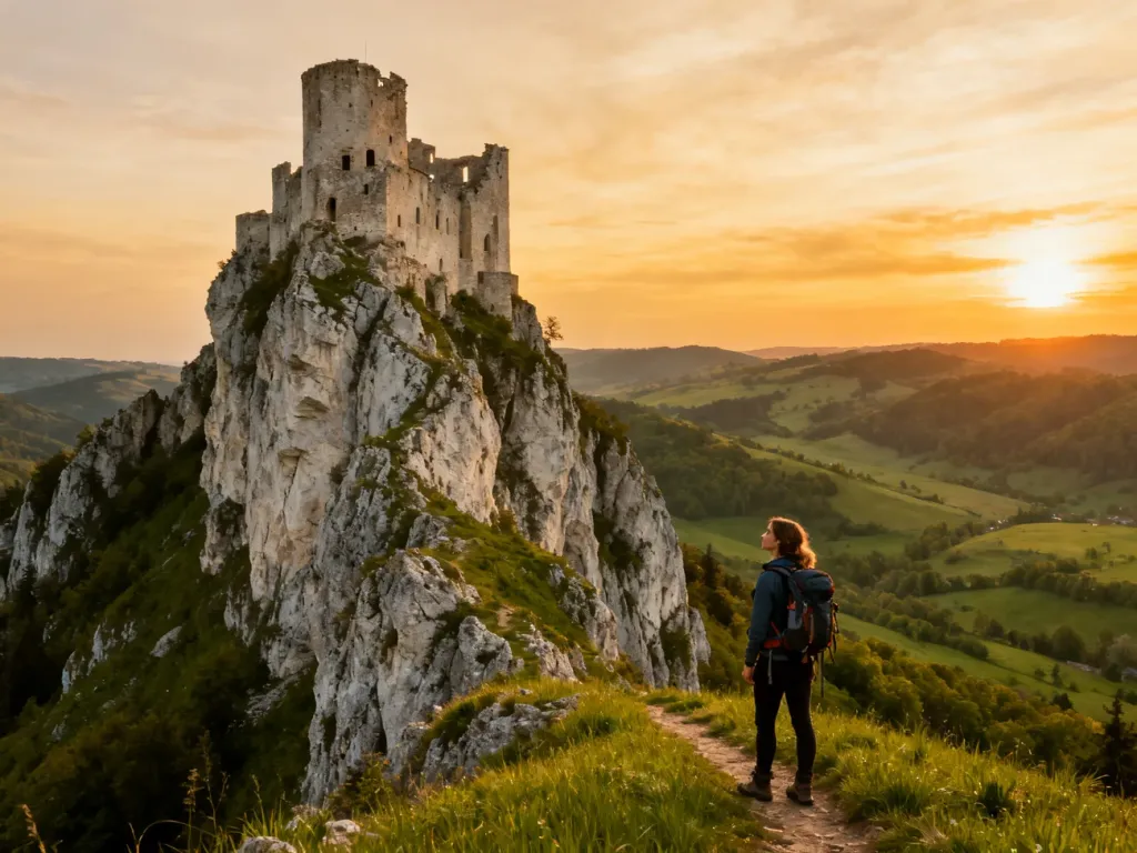 Turystka w stroju trekkingowym podziwia malownicze ruiny średniowiecznego zamku na skale podczas zachodu słońca.